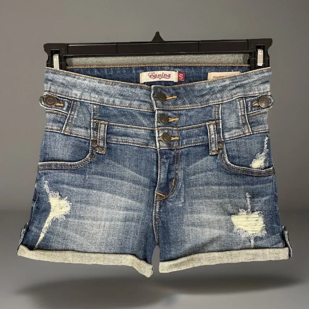 Eunina Denim Shorts Womens Size S High Rise Shortie Button Fly Distressed Cuffed